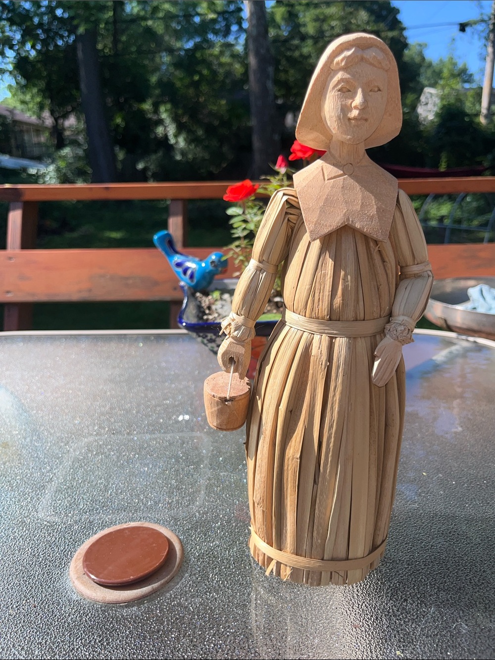 Handcrafted Straw and Carved Wood Folk Woman Doll Sculpture Figurine with Bucket